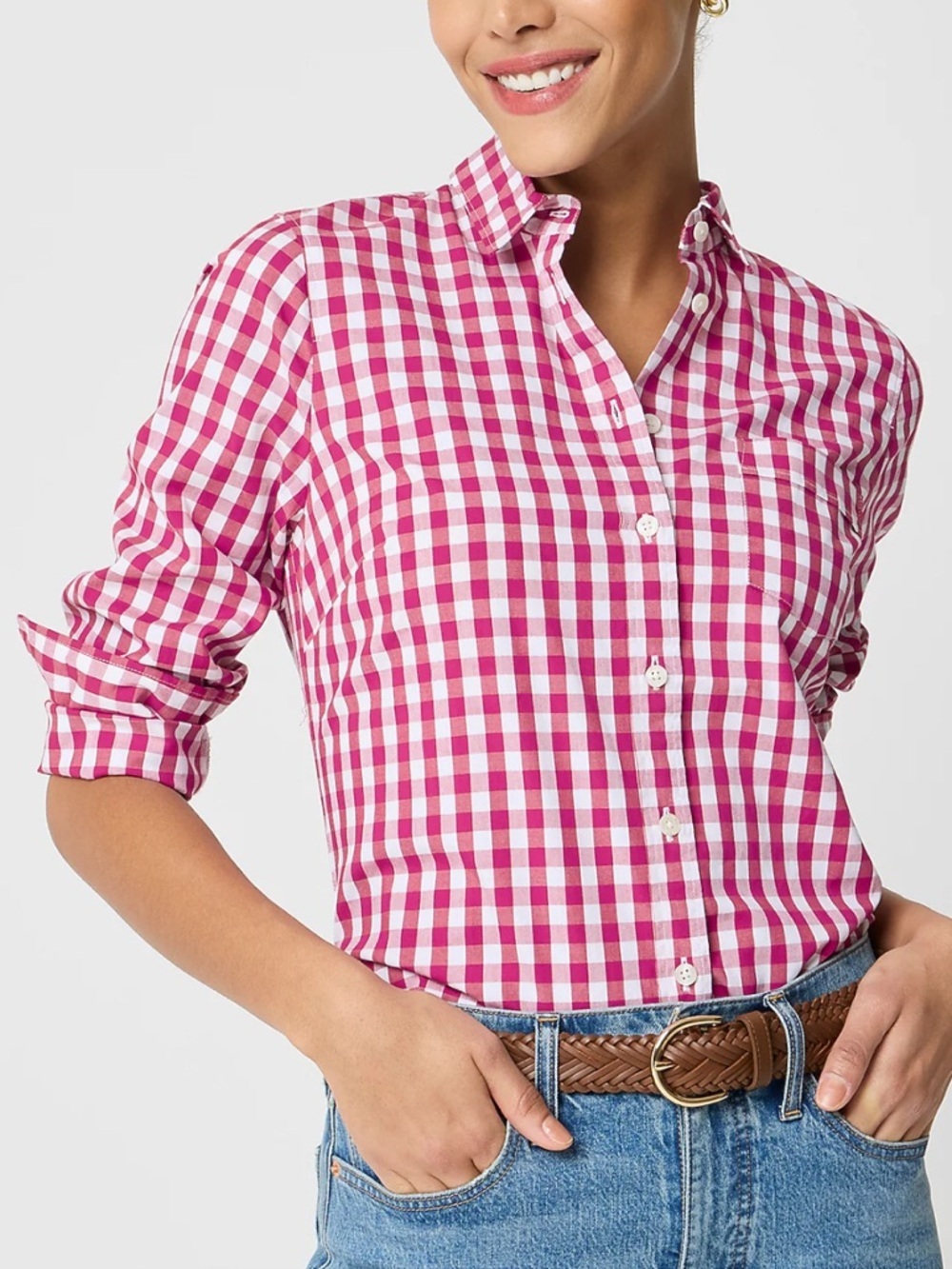 J. Crew Pink Gingham Check Button Down Shirt Size Small Sweet Magenta